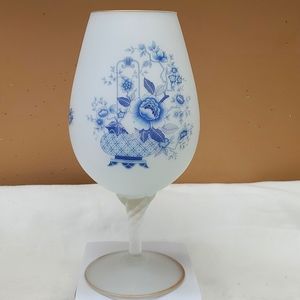 Vintage footed glass vase with blue floral images